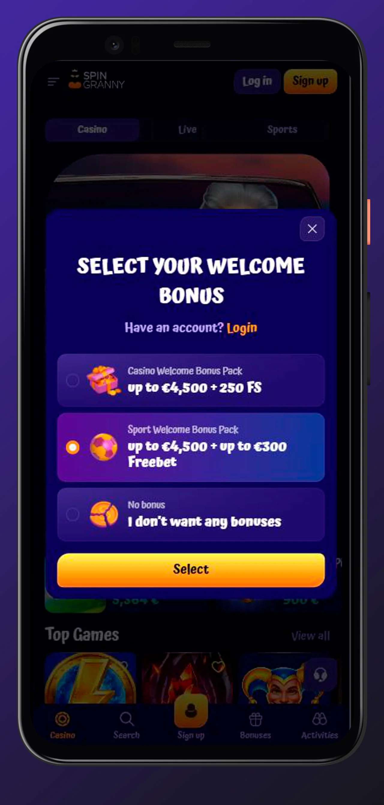 choose welcome bonus